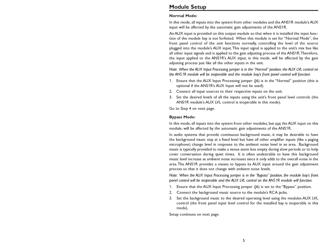 Bogen ANS1R specifications Module Setup, Normal Mode, Bypass Mode 