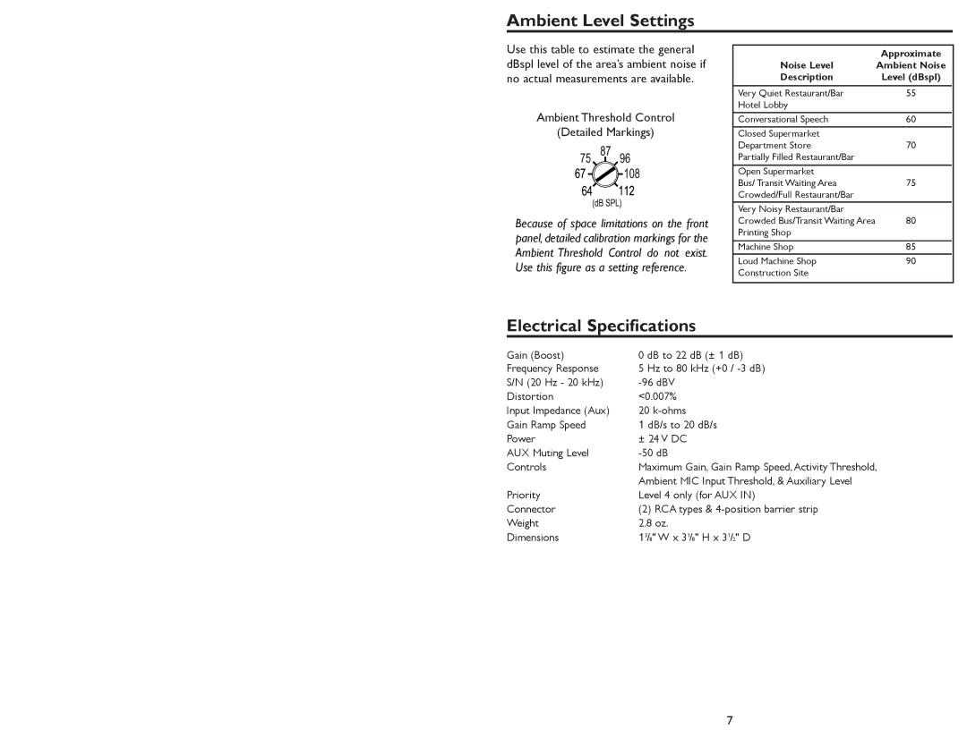 Bogen ANS1R specifications Ambient Level Settings, Electrical Specifications, Approximate, Noise Level, Description 