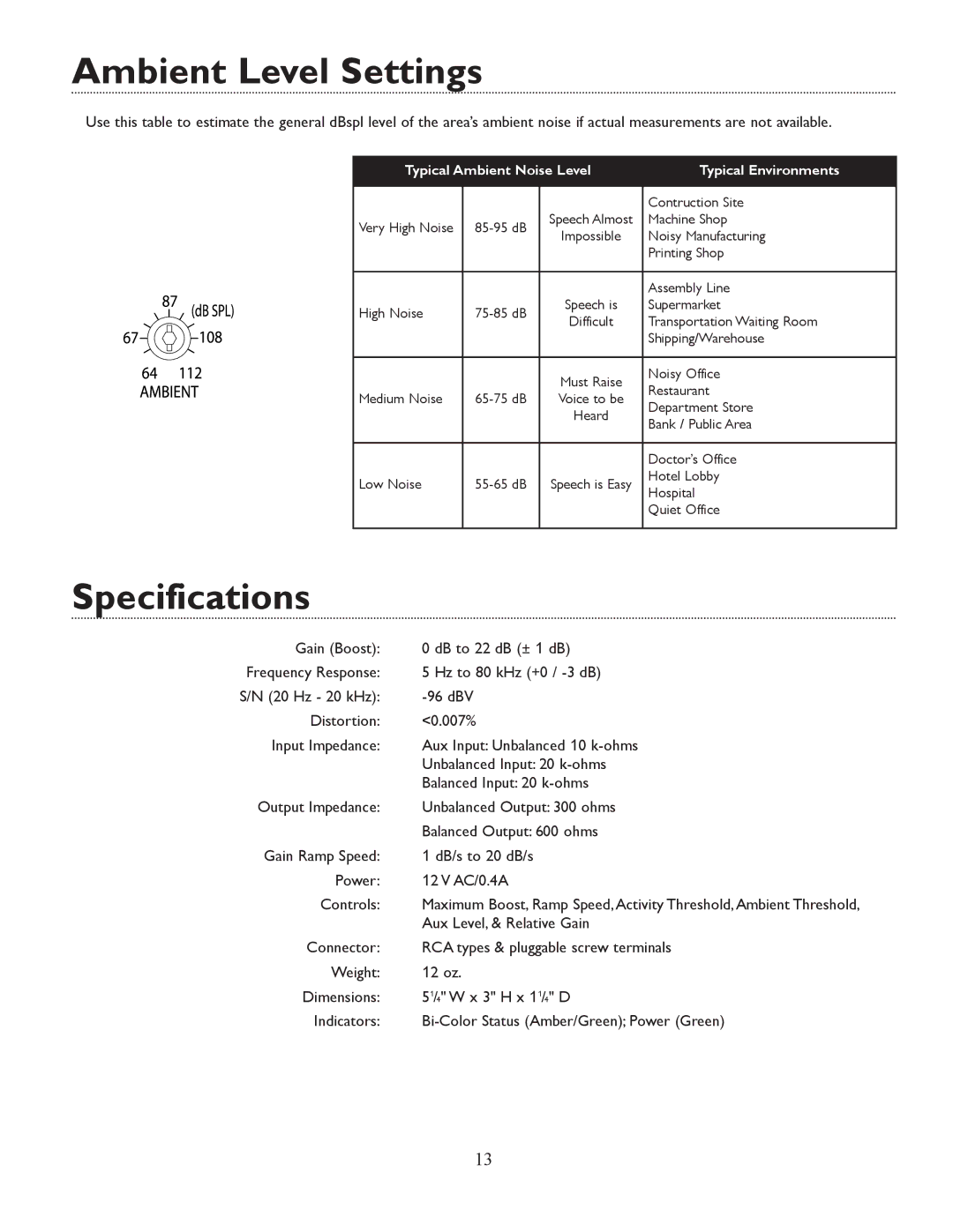 Bogen ANS501 specifications Ambient Level Settings, Specifications 