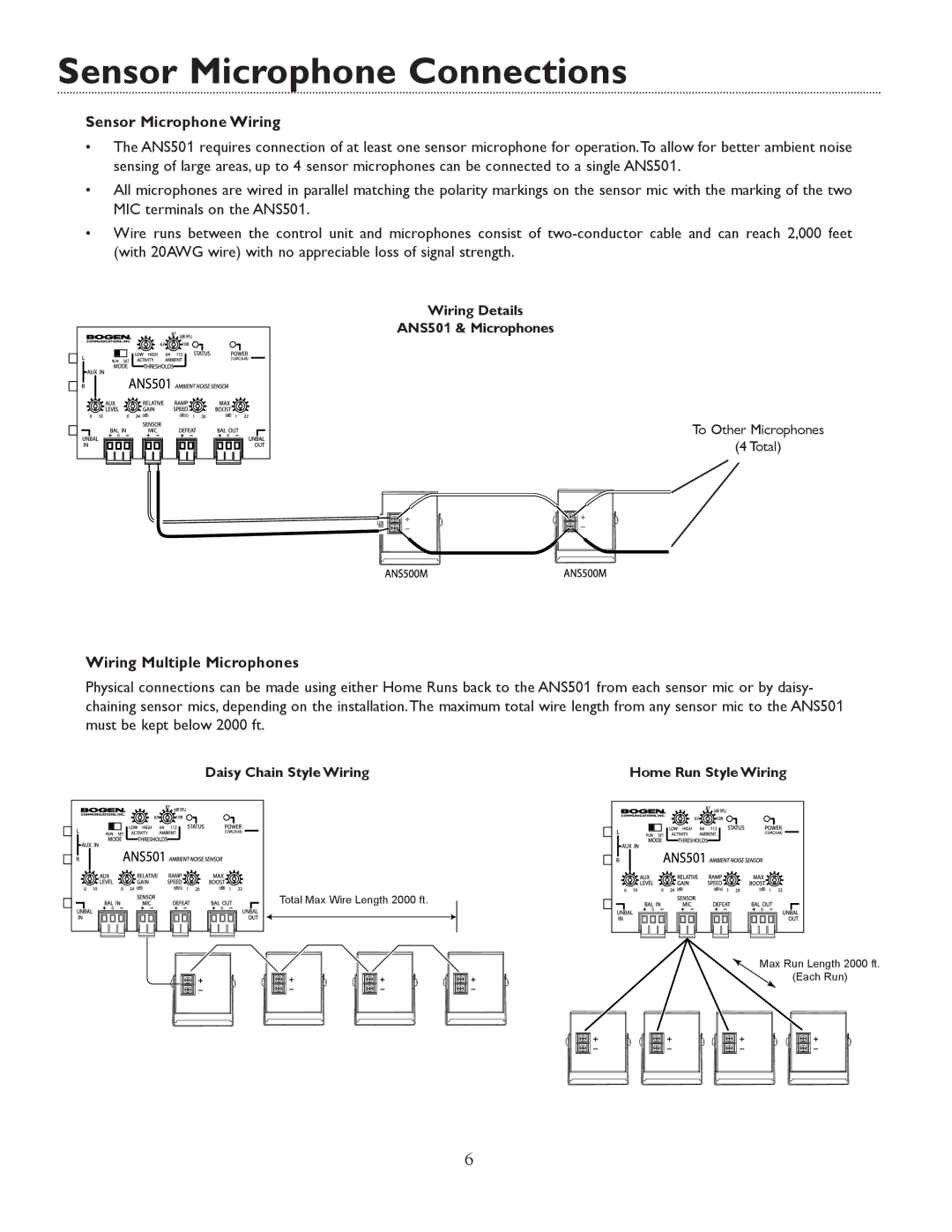 Bogen ANS501 specifications Sensor Microphone Connections, Sensor Microphone Wiring, Wiring Multiple Microphones 