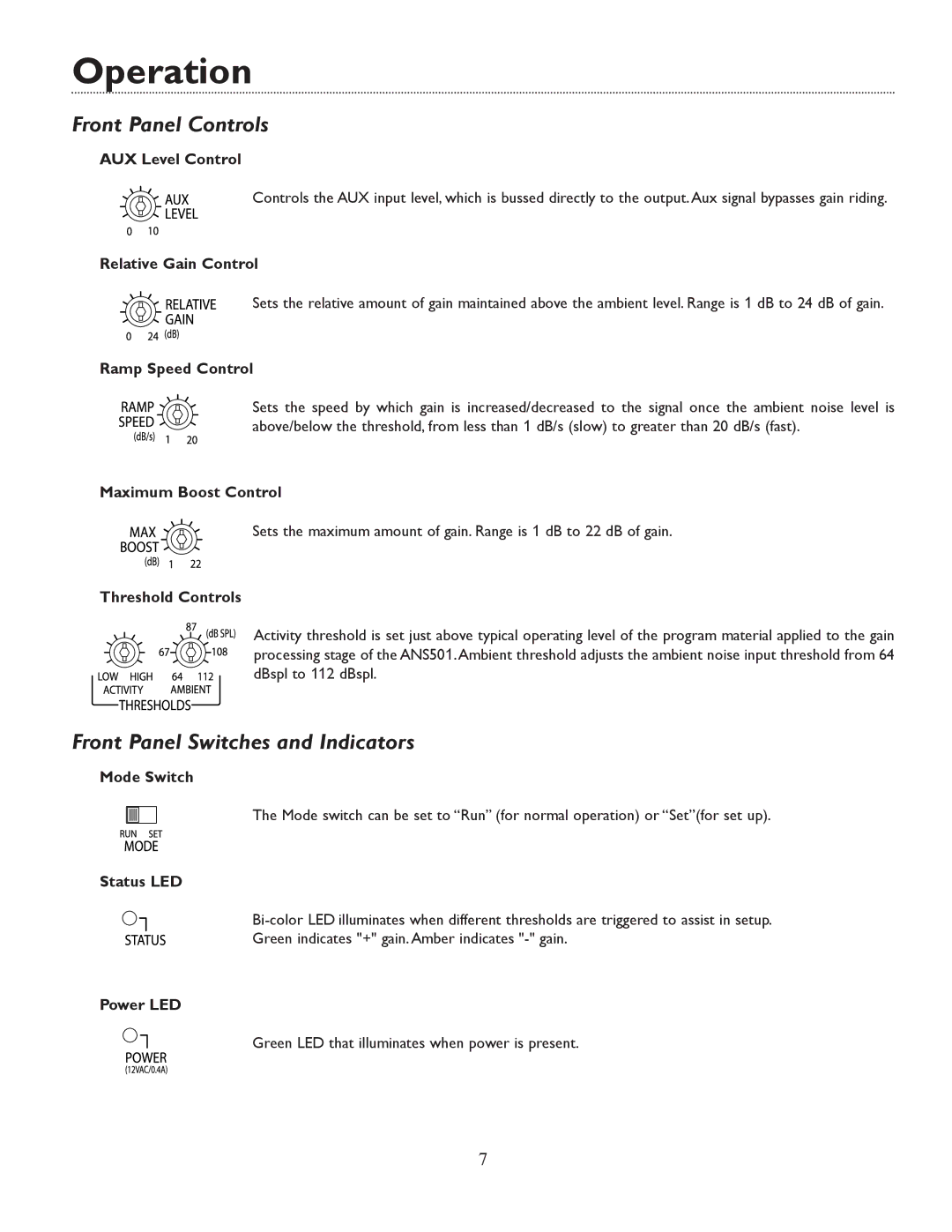 Bogen ANS501 specifications Operation, Front Panel Controls, Front Panel Switches and Indicators 