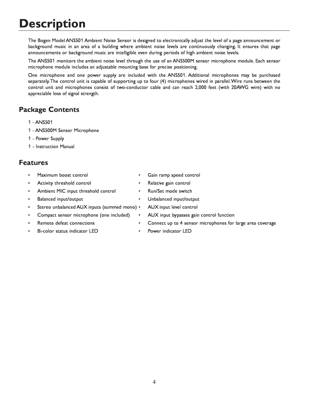 Bogen ANS501 specifications Description, Package Contents, Features 