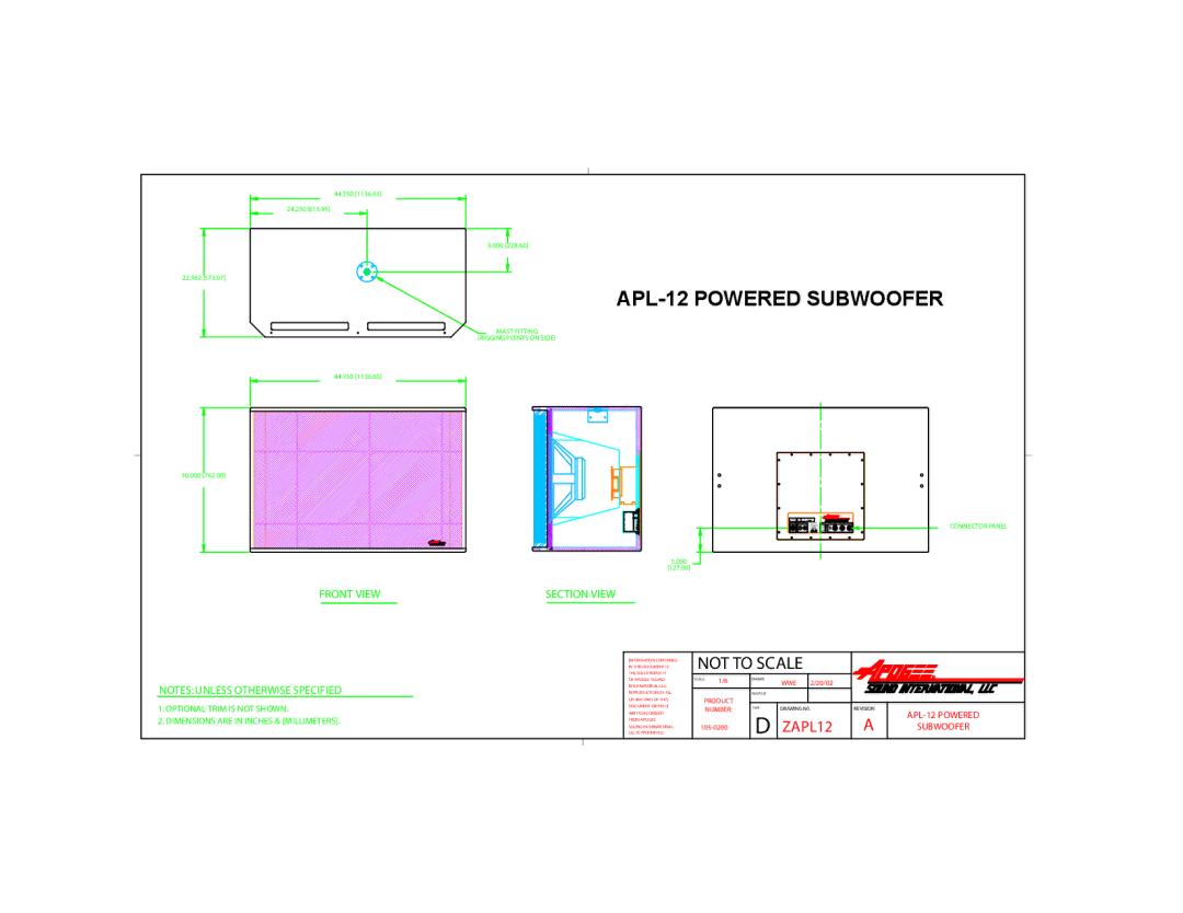 Bogen dimensions APL-12 Powered Subwoofer, Not to Scale, Front View Section View, Apogee Sound 