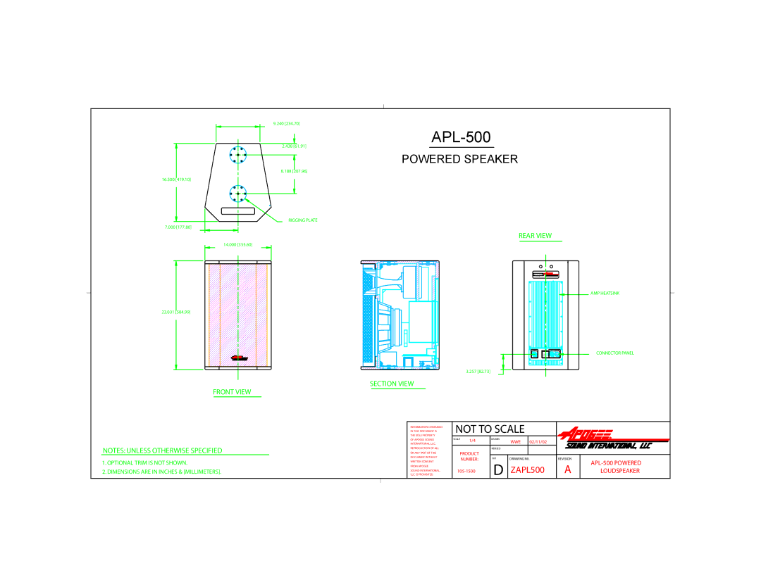 Bogen APL-500 dimensions Powered Speaker, Not to Scale 