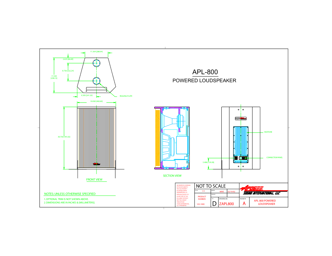 Bogen APL-800 dimensions Powered Loudspeaker, Not to Scale, Front View Section View, Apogee Sound 