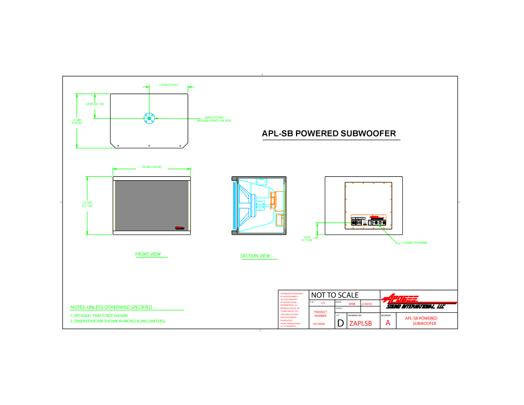 Bogen dimensions APL-SB Powered Subwoofer, Not to Scale, Front View, Section View 