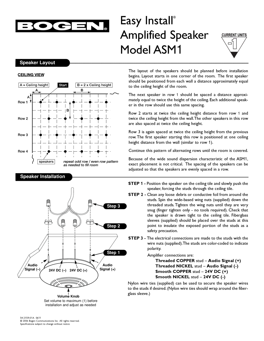 Bogen specifications Easy Install Amplified Speaker Model ASM1, Speaker Layout, Speaker Installation, Step 