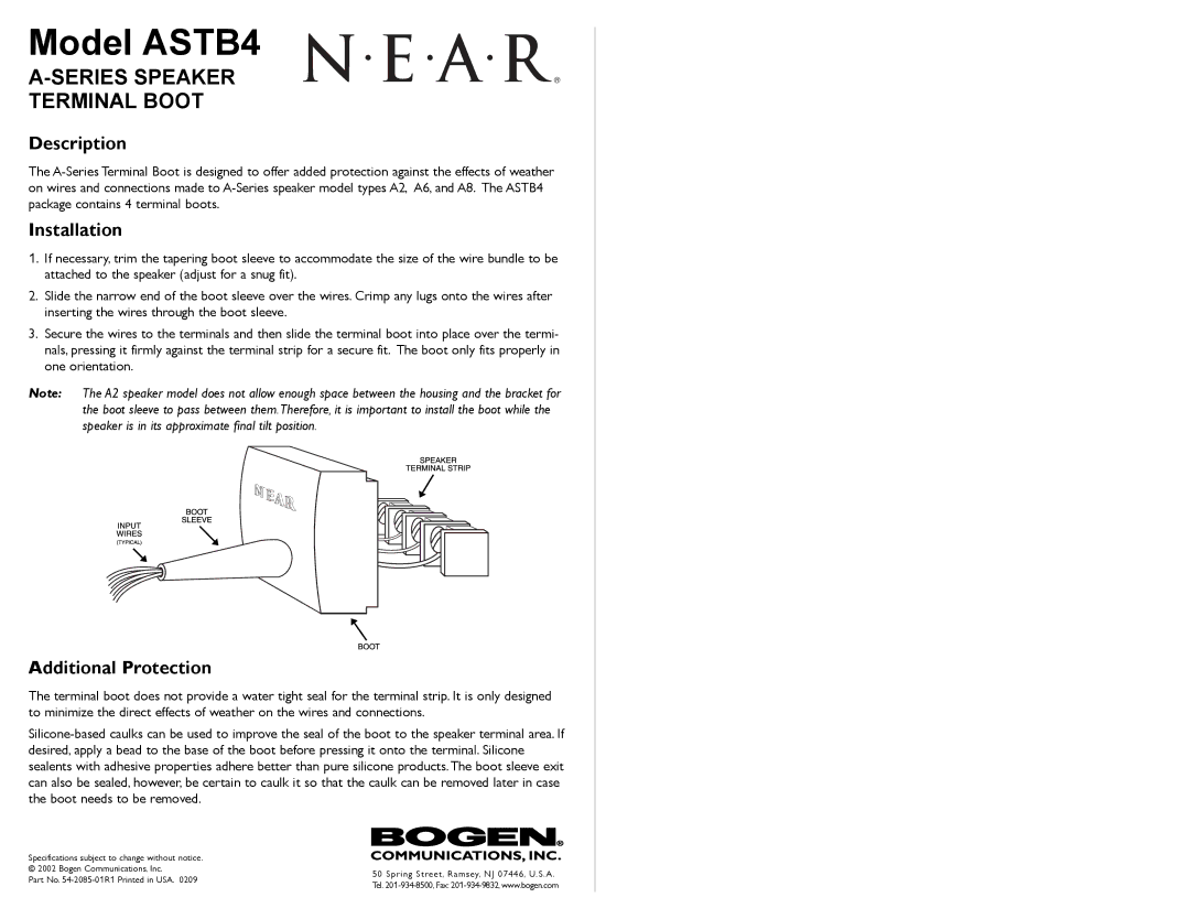 Bogen specifications Model ASTB4, Series Speaker Terminal Boot, Description, Installation, Additional Protection 