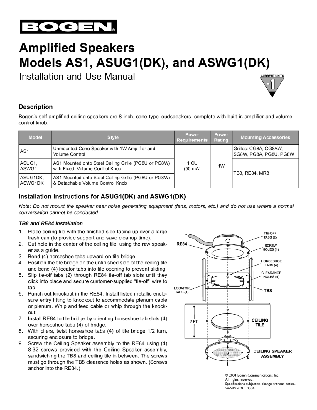 Bogen installation instructions Amplified Speakers Models AS1, ASUG1DK, and ASWG1DK, Installation and Use Manual 