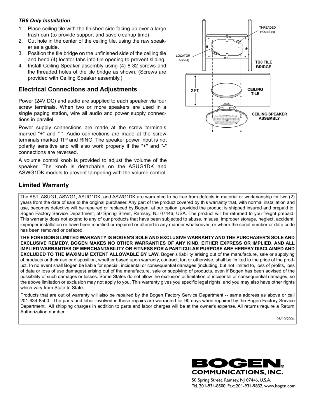 Bogen ASUG1DK installation instructions Electrical Connections and Adjustments, Limited Warranty, TB8 Only Installation 