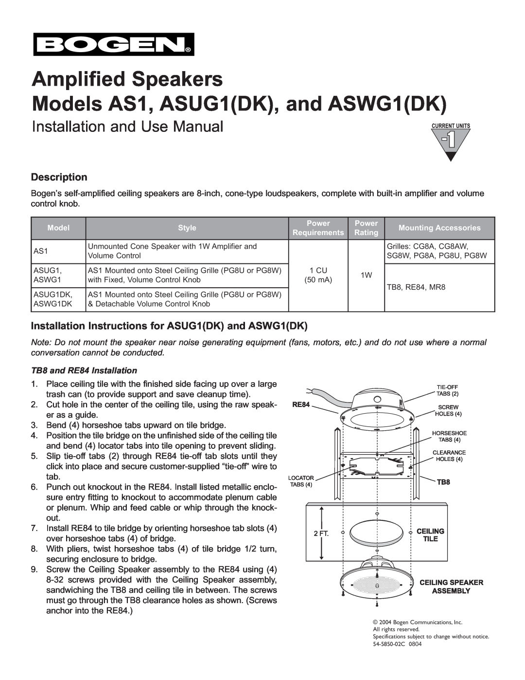 Bogen installation instructions Description, Installation Instructions for ASUG1DK and ASWG1DK, Amplified Speakers 
