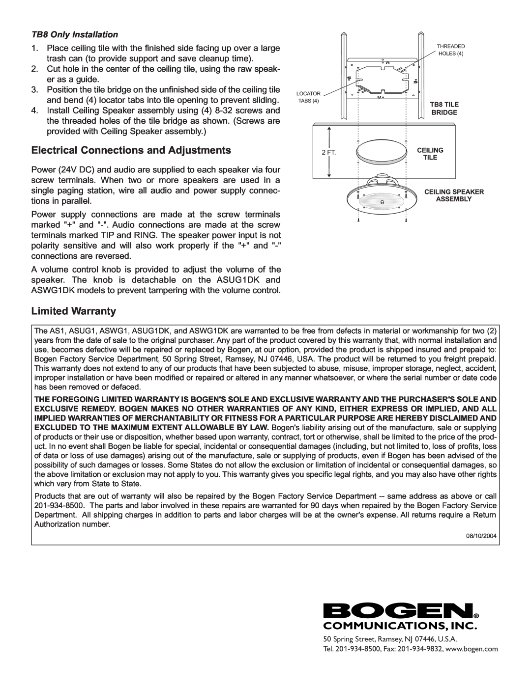 Bogen ASUG1DK installation instructions Electrical Connections and Adjustments, Limited Warranty, TB8 Only Installation 