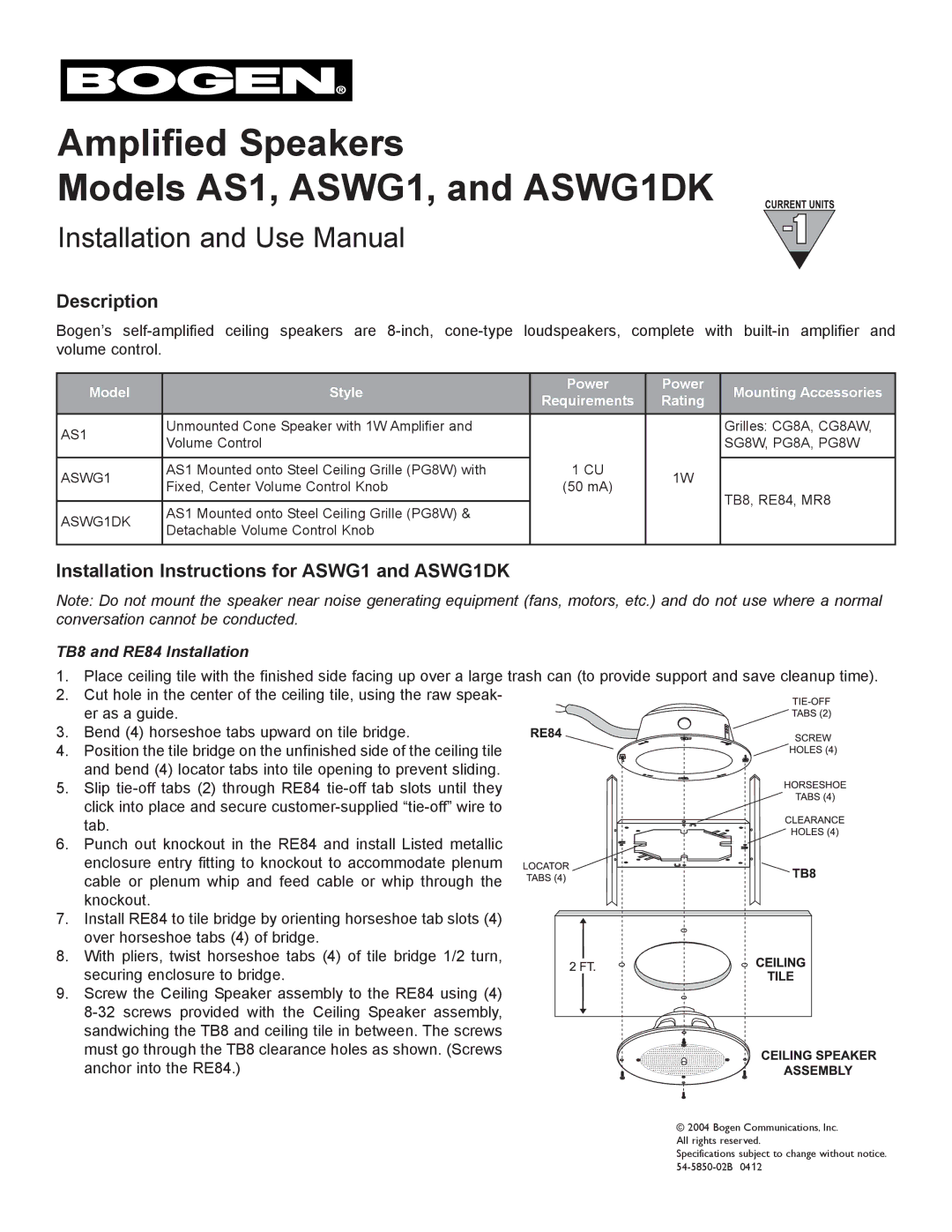 Bogen AS1 installation instructions Description, Installation Instructions for ASWG1 and ASWG1DK 