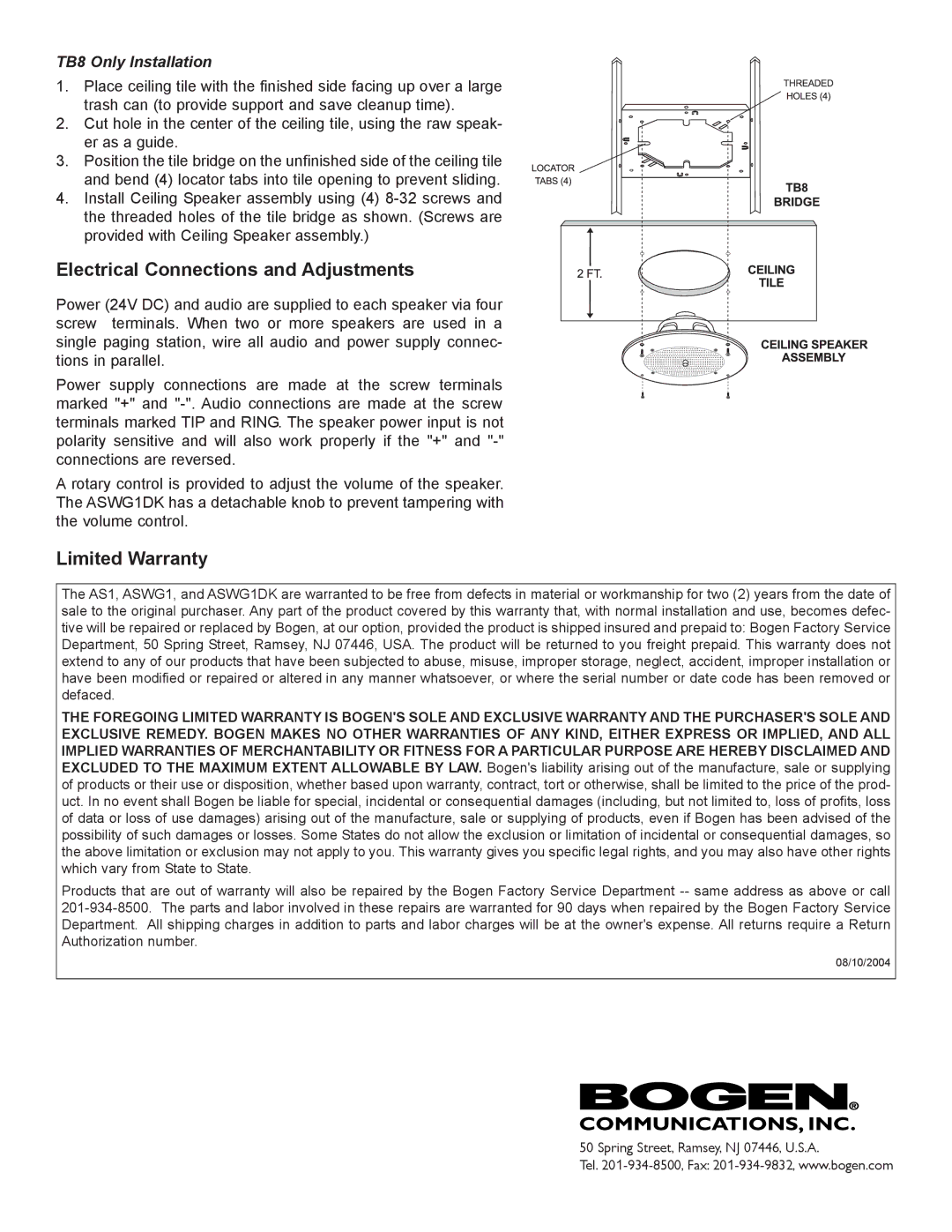 Bogen ASWG1DK, AS1 Electrical Connections and Adjustments, Limited Warranty, TB8 Only Installation 