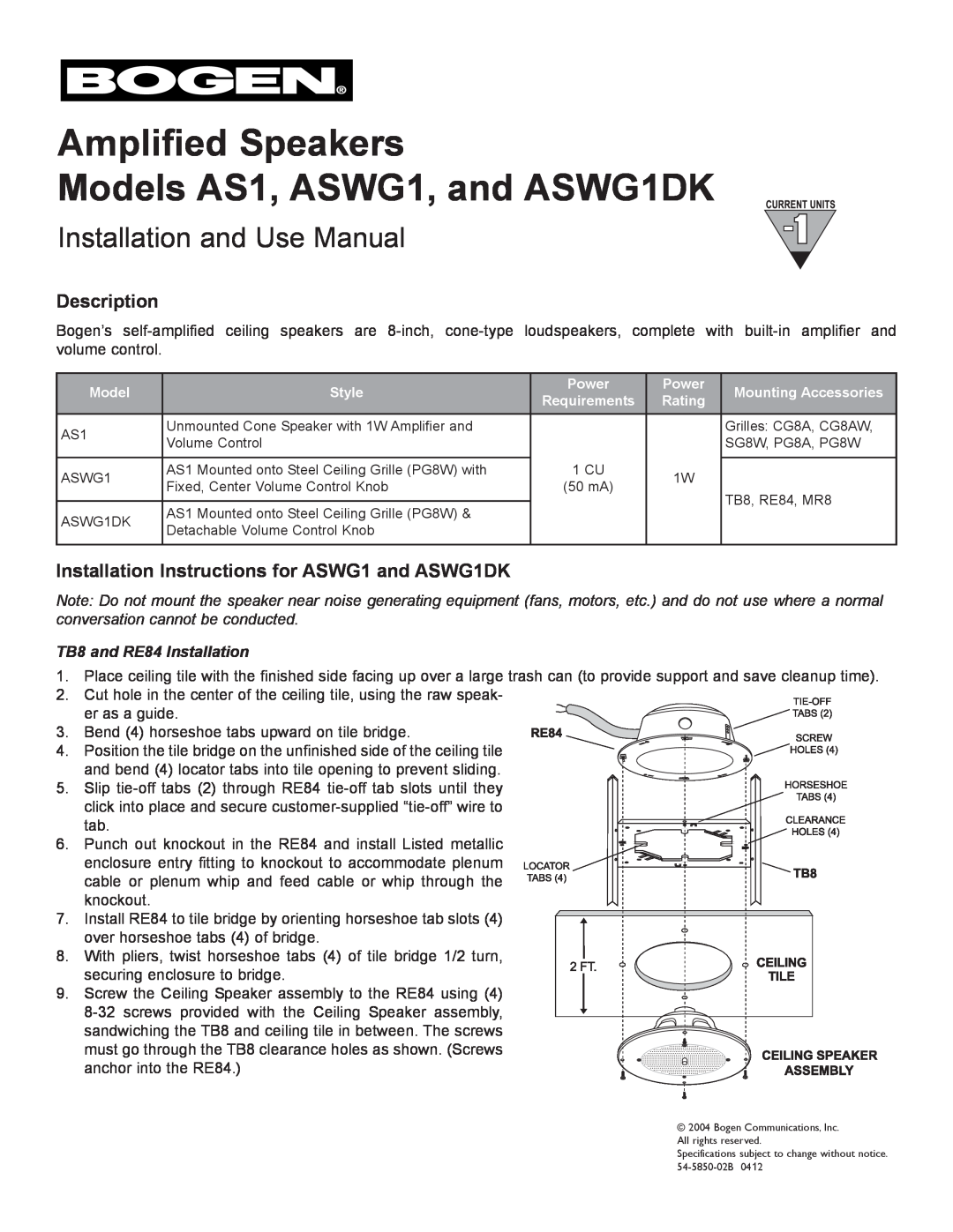Bogen AS1 installation instructions Description, Installation Instructions for ASWG1 and ASWG1DK 
