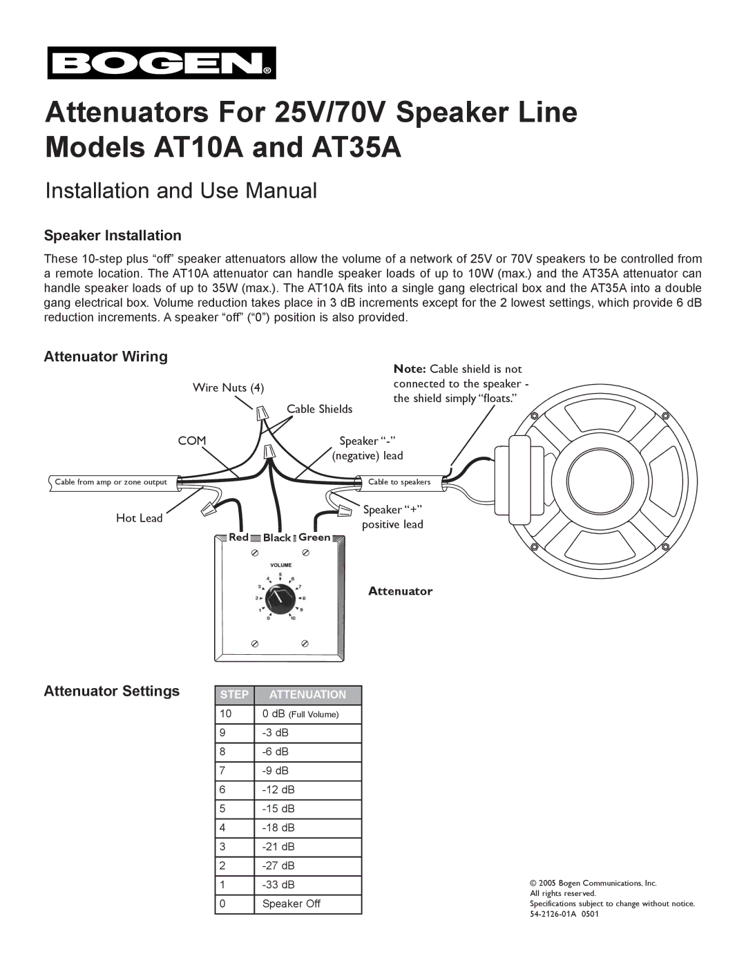 Bogen AT10A specifications Speaker Installation, Attenuator Wiring, Attenuator Settings 