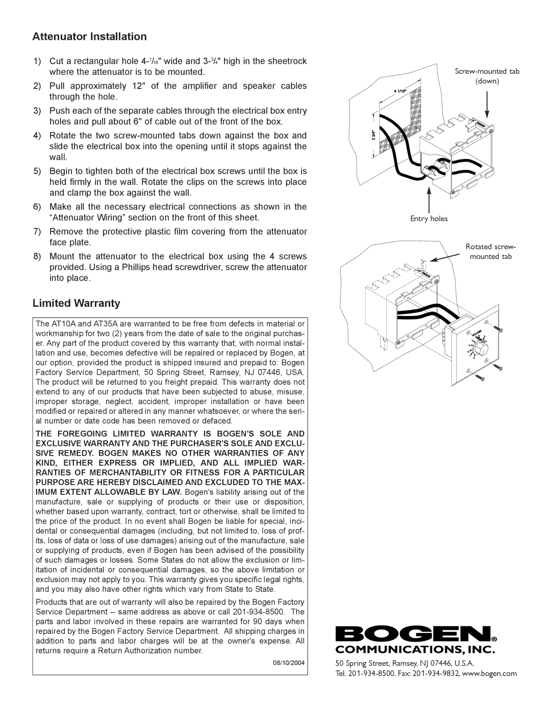 Bogen AT10A specifications Attenuator Installation, Limited Warranty 