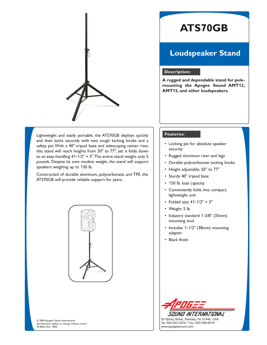 Bogen ATS70GB specifications Loudspeaker Stand, Description, Features 