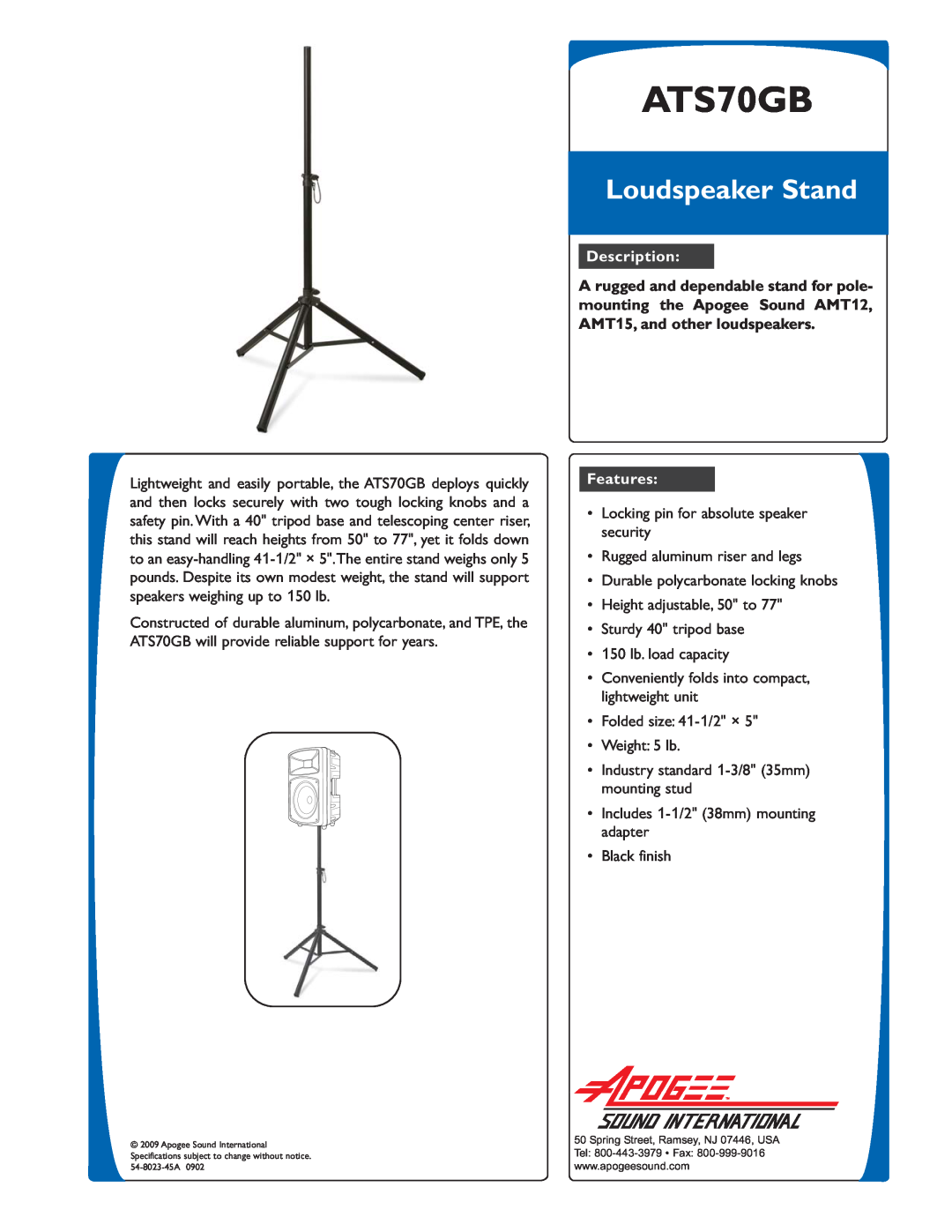 Bogen ATS70GB specifications Loudspeaker Stand, Description, Features 