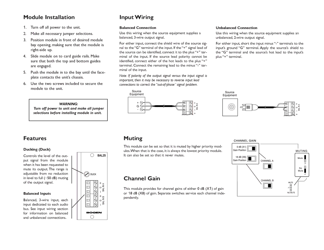 Bogen BAL2S specifications Module Installation, Input Wiring, Muting, Channel Gain 