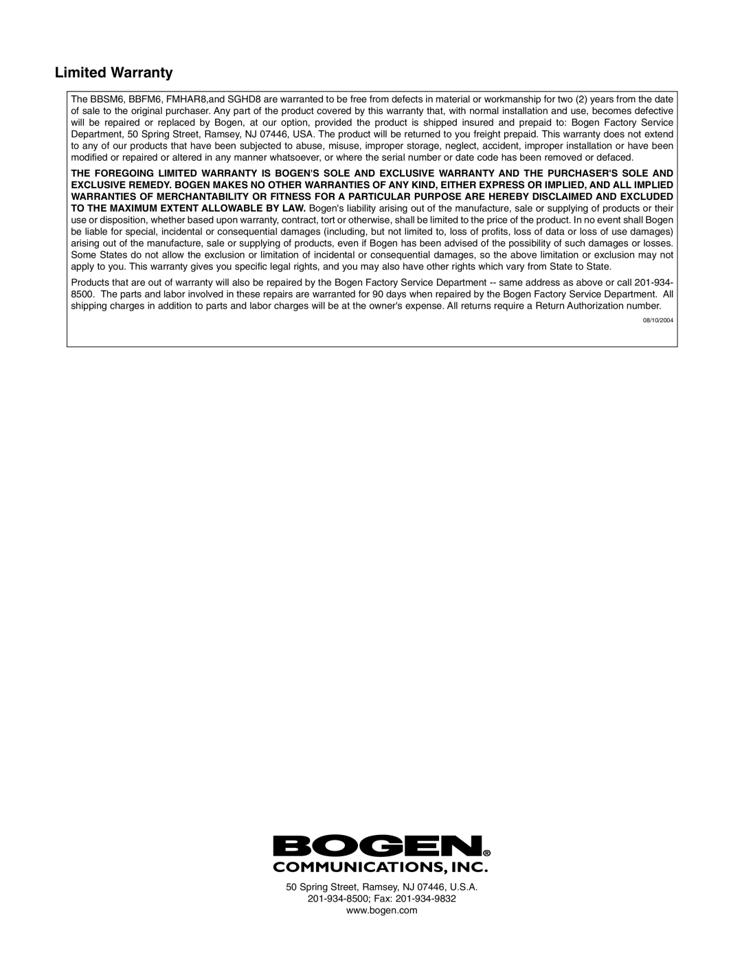 Bogen BBSM6 specifications Limited Warranty 