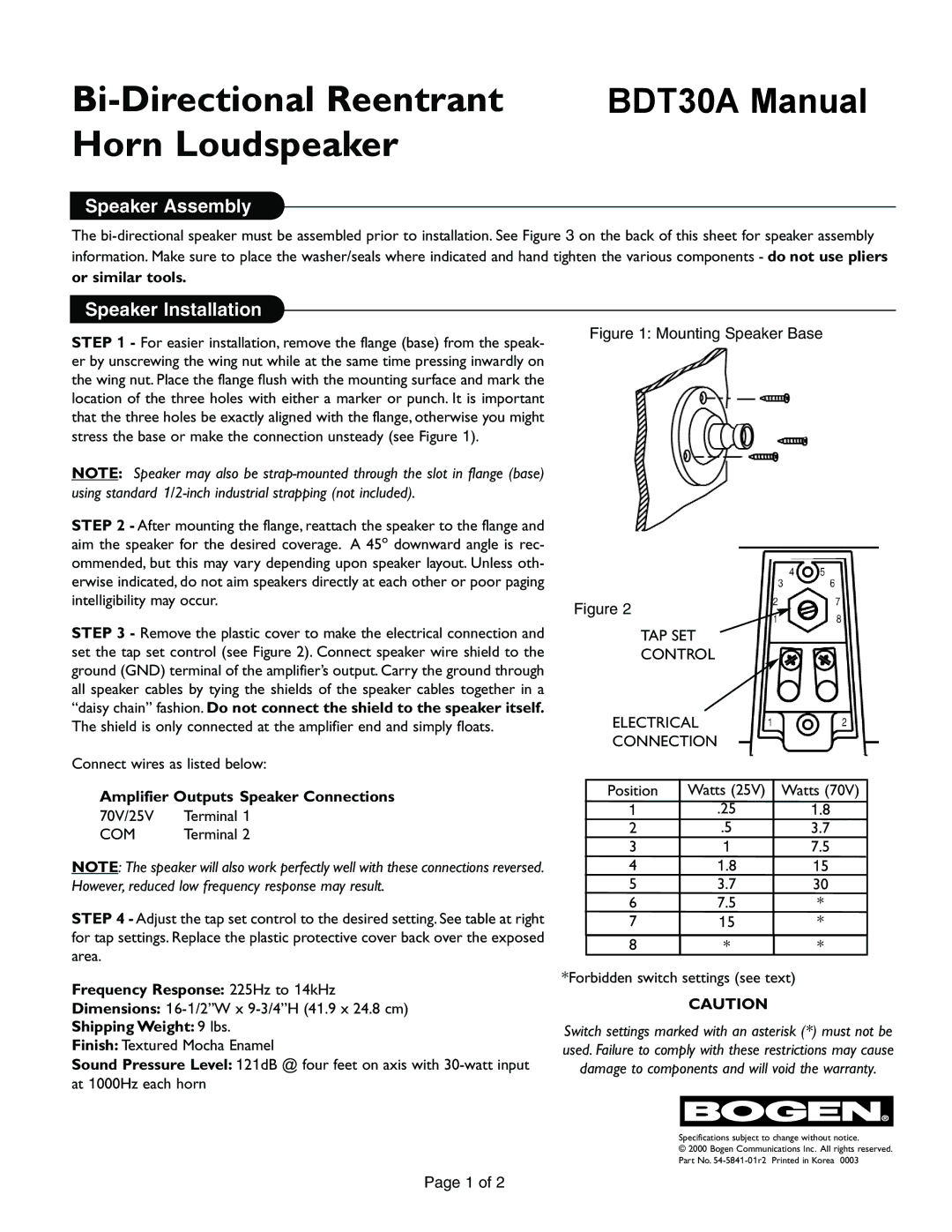 Bogen BDT30A specifications Bi-Directional Reentrant, Horn Loudspeaker, Speaker Assembly, Speaker Installation 