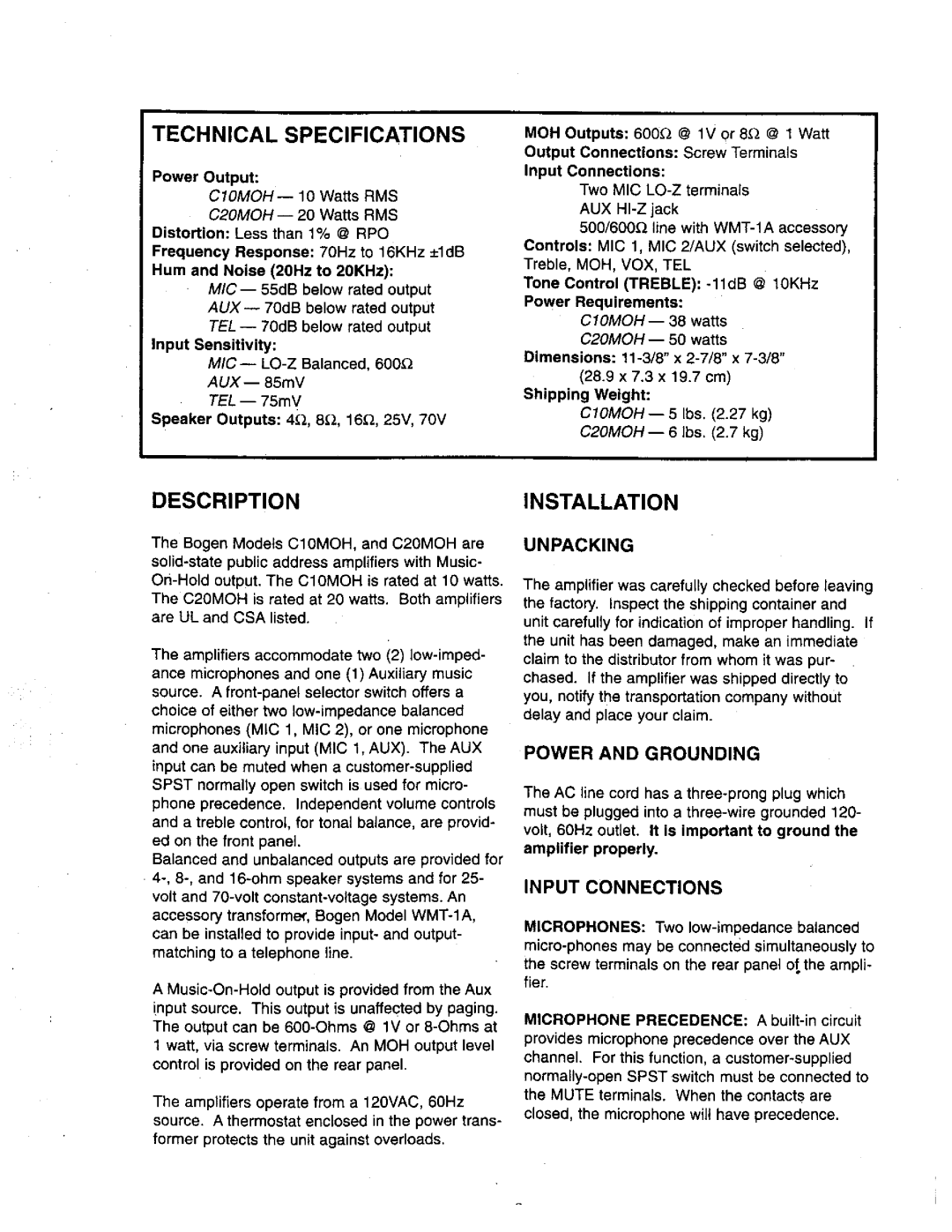 Bogen C10MOH manual 