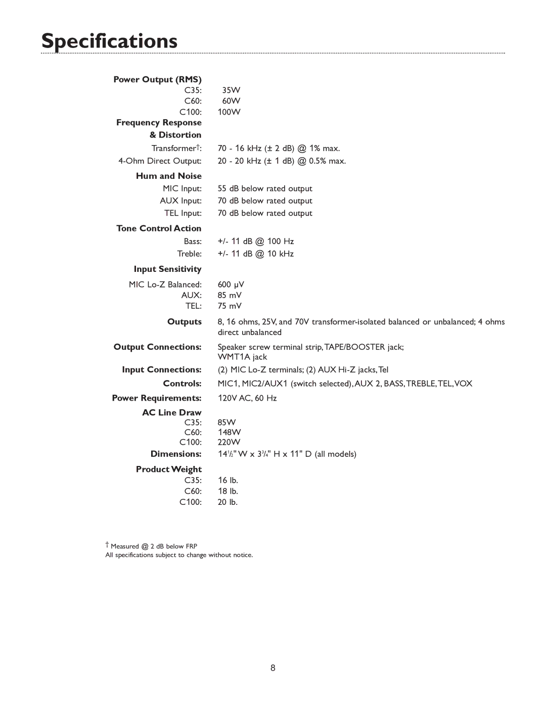 Bogen C35, C60, C100 specifications Specifications 