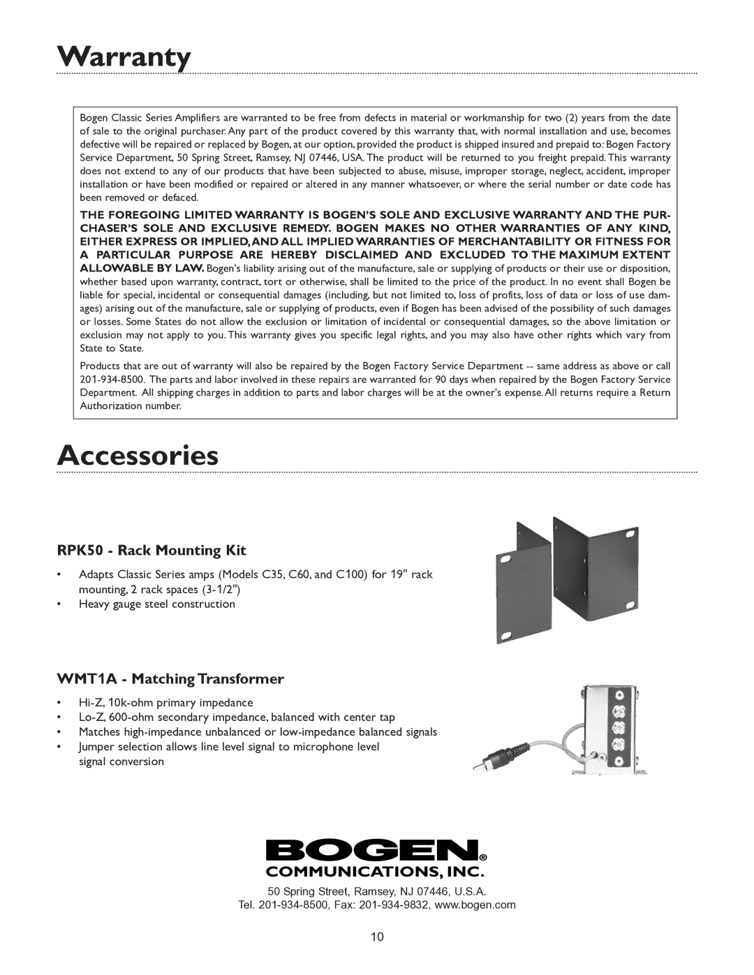 Bogen C60, C35, C100 specifications Warranty, Accessories 