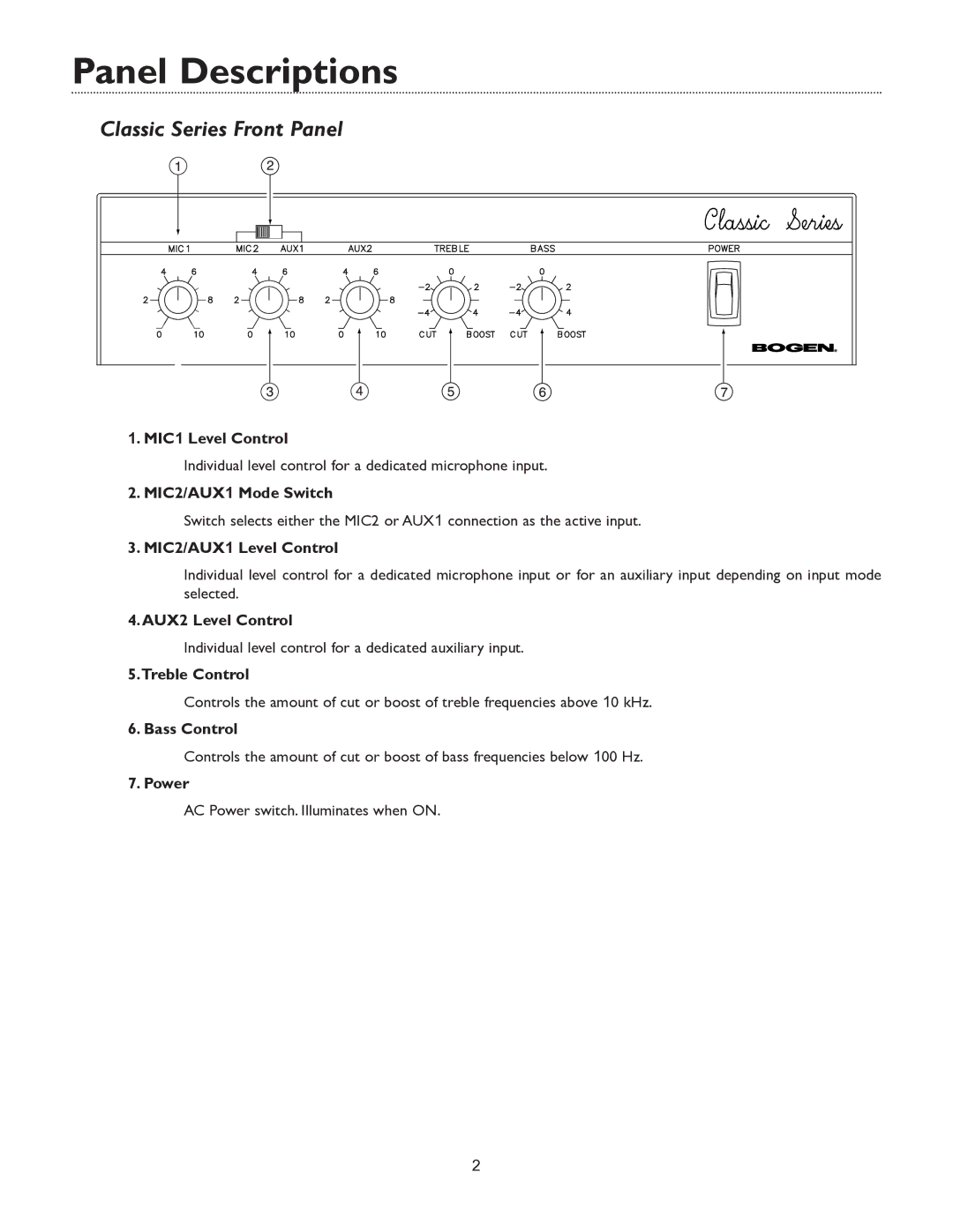 Bogen C35, C60, C100 specifications Panel Descriptions, Classic Series Front Panel 