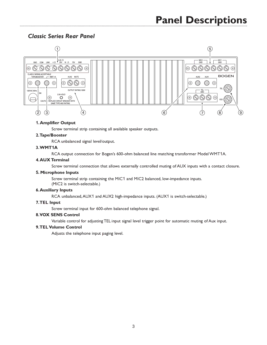 Bogen C100, C60, C35 specifications Classic Series Rear Panel 