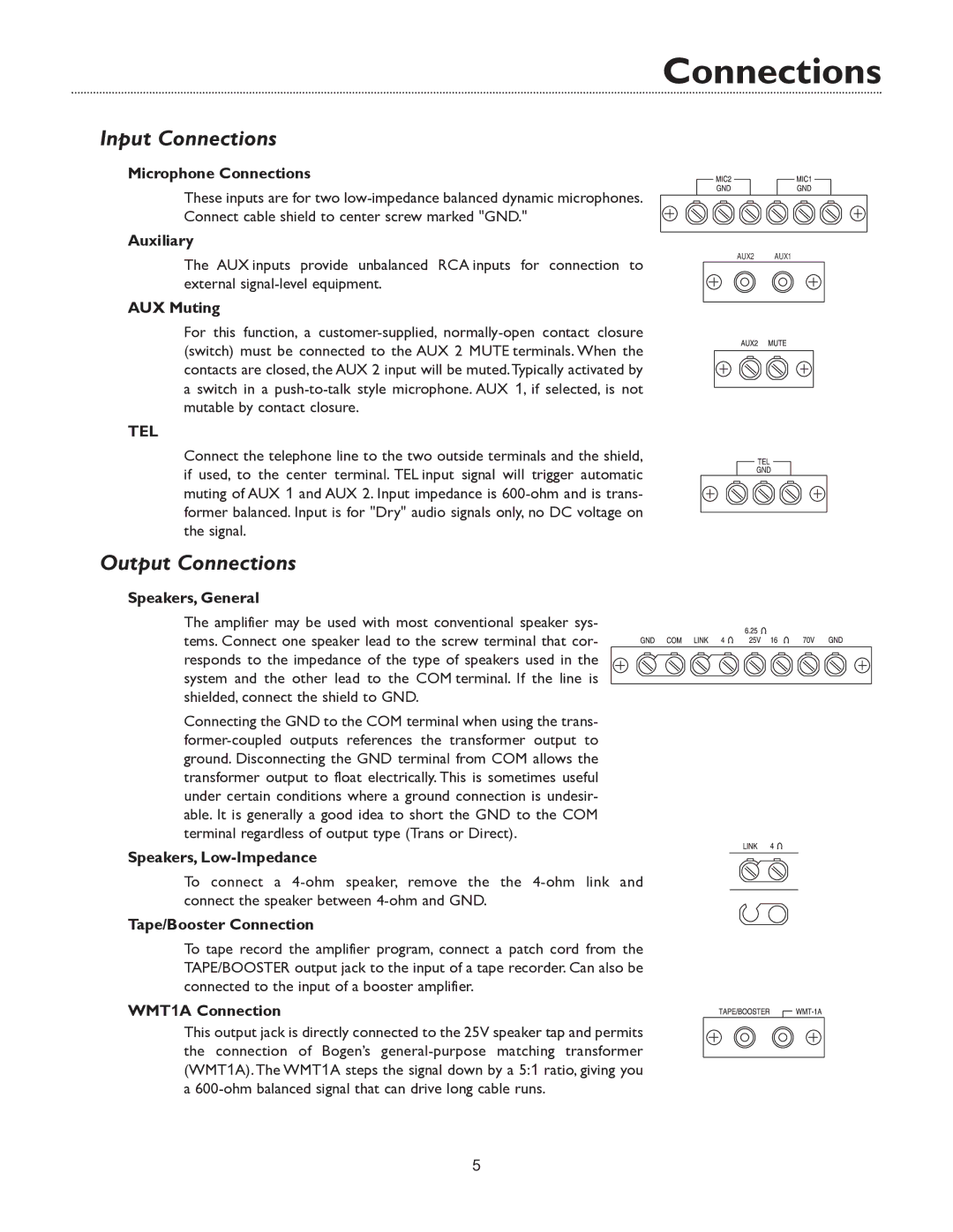 Bogen C35, C60, C100 specifications Input Connections, Output Connections 