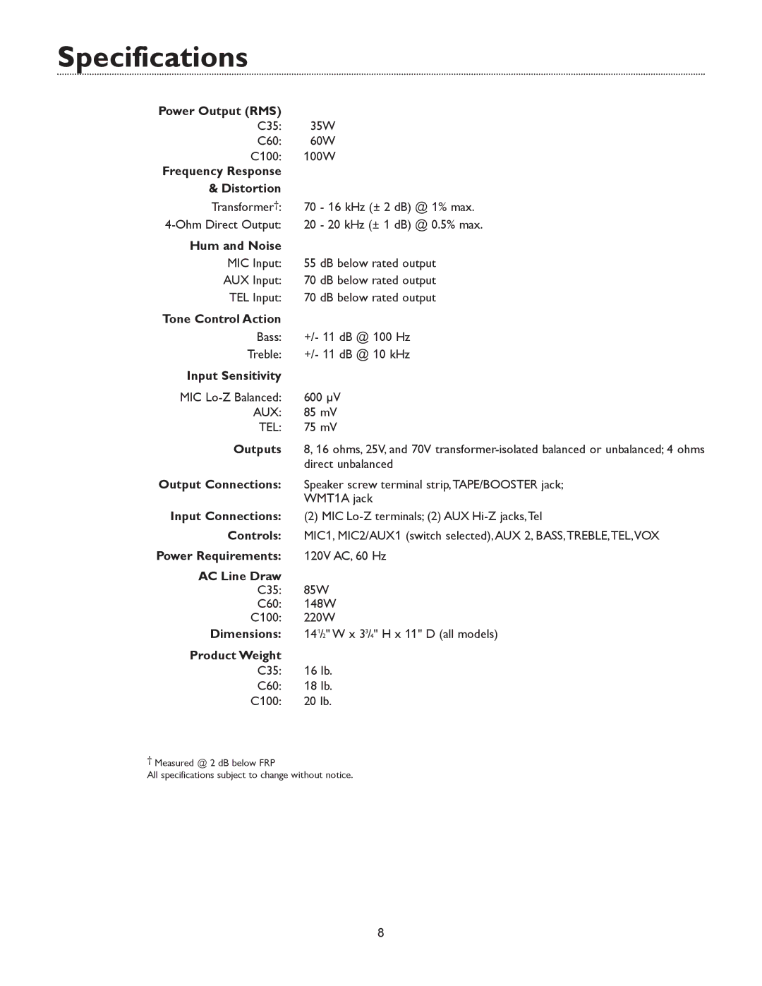 Bogen C60 specifications Specifications 