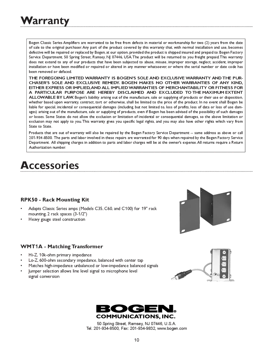 Bogen C60 specifications Warranty, Accessories 