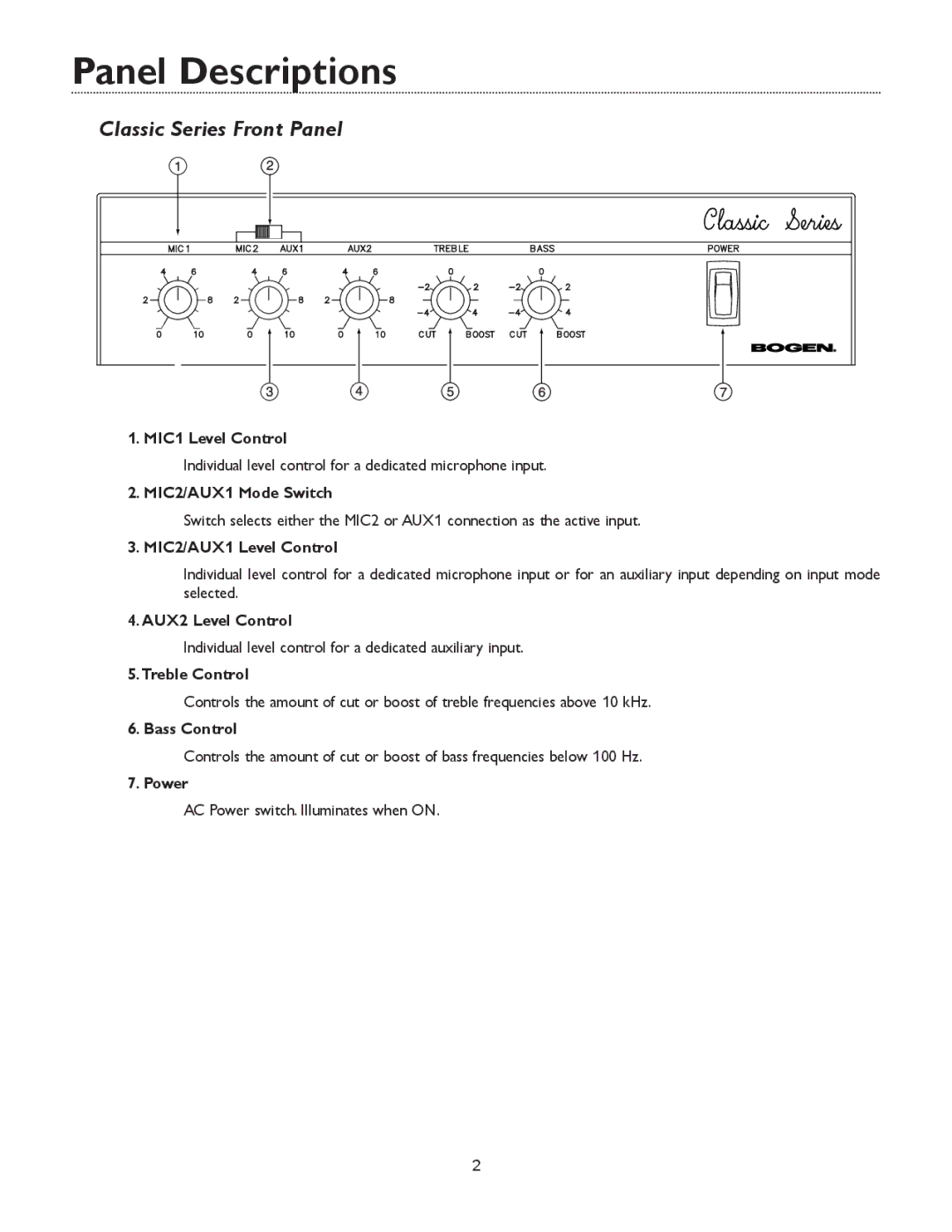 Bogen C60 specifications Panel Descriptions, Classic Series Front Panel 