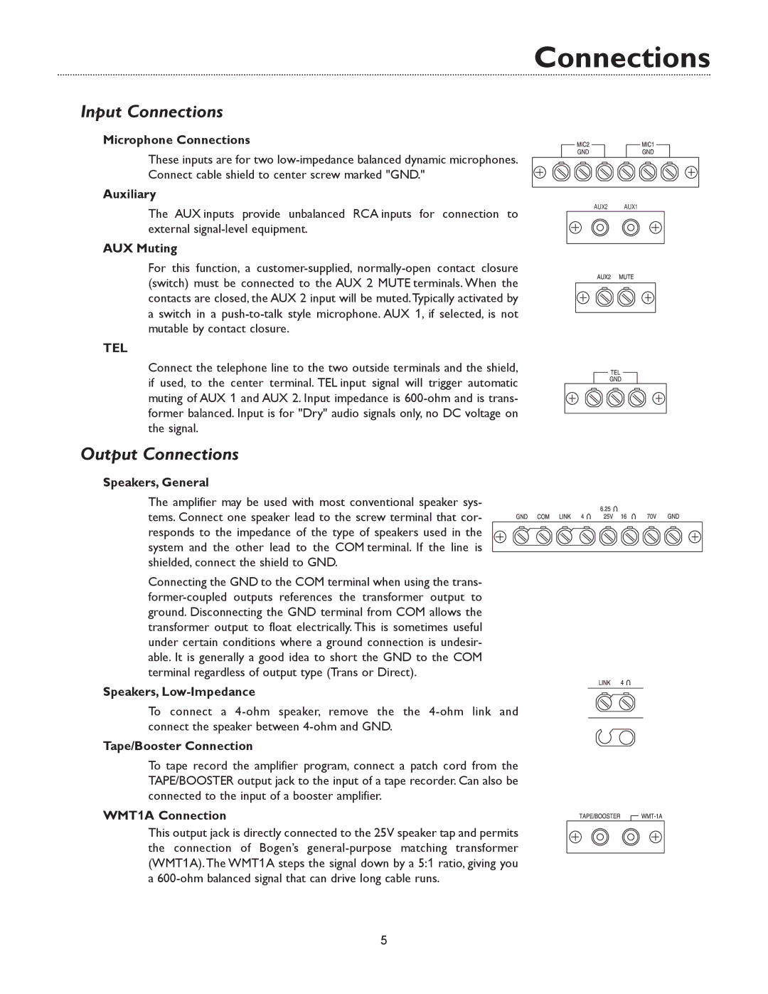 Bogen C60 specifications Input Connections, Output Connections 