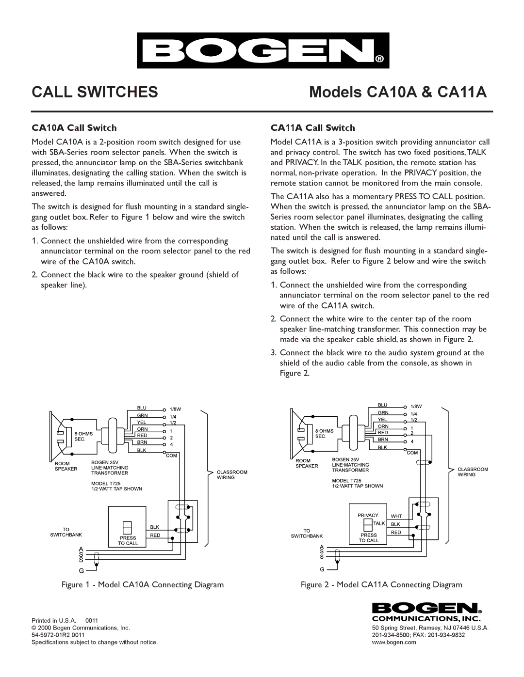 Bogen specifications Call Switches, Models CA10A & CA11A, CA10A Call Switch, CA11A Call Switch 