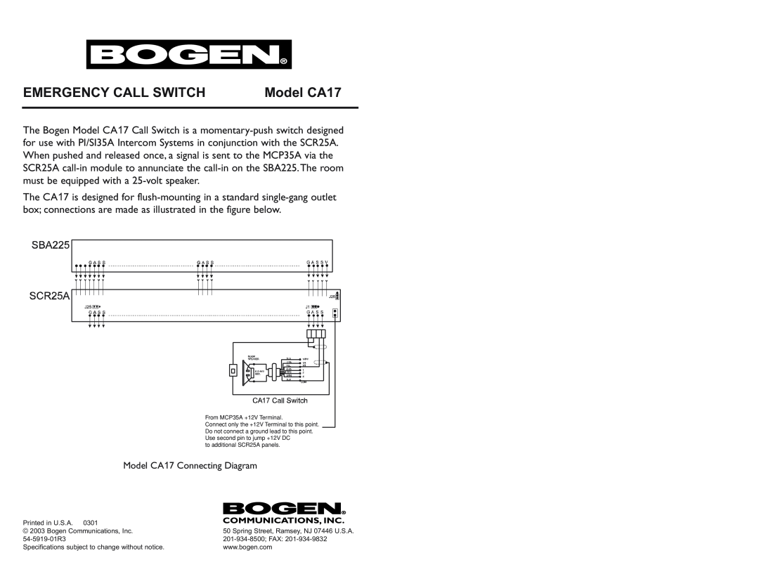 Bogen specifications Emergency Call Switch, Model CA17 Connecting Diagram 