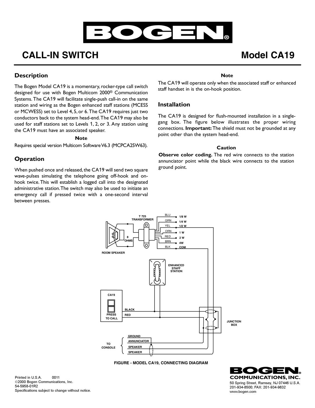 Bogen specifications CALL-IN Switch, Model CA19, Description, Operation, Installation 