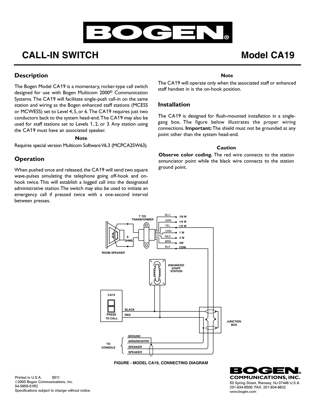 Bogen specifications Call-In Switch, Model CA19, Description, Operation, Installation 
