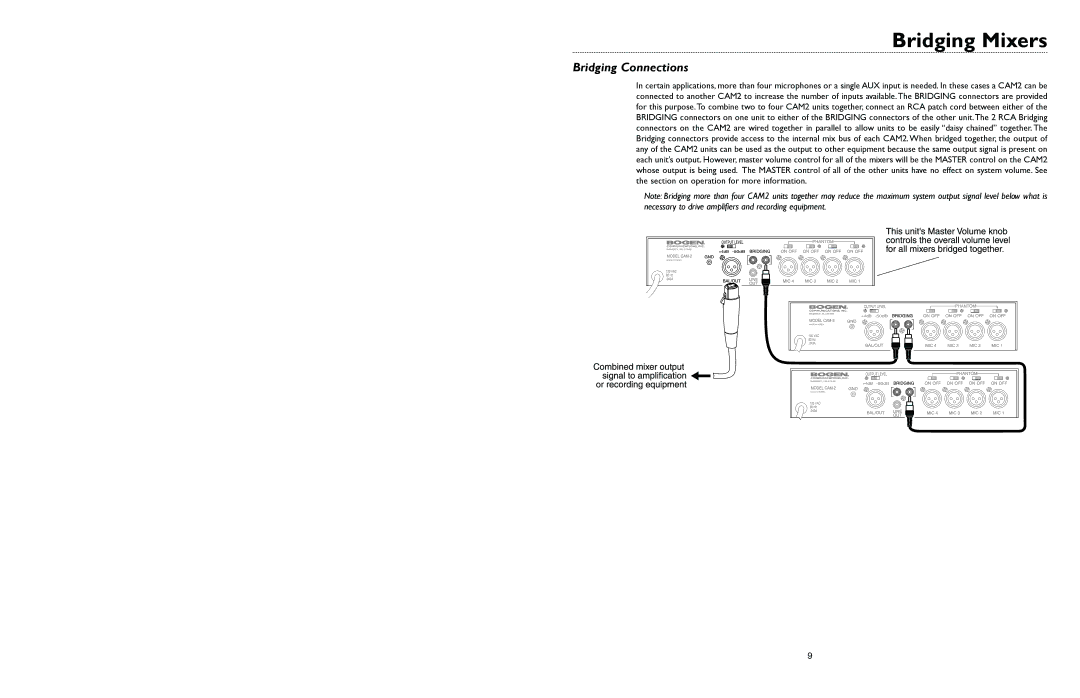 Bogen CAM2 specifications Bridging Mixers, Bridging Connections 