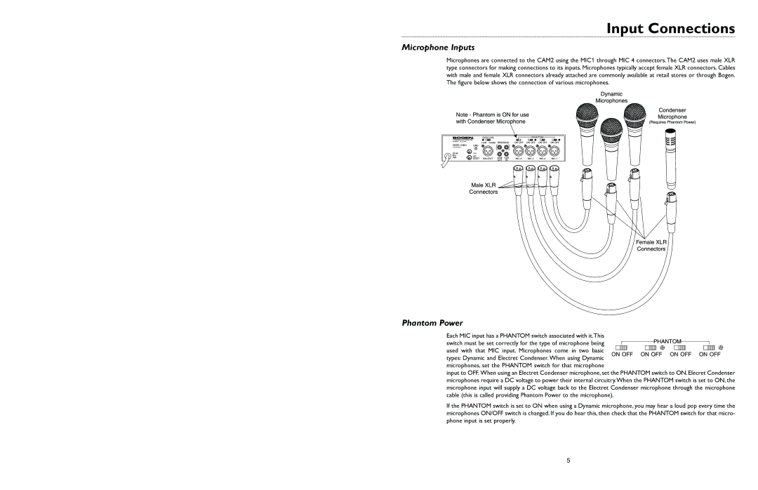 Bogen CAM2 specifications Input Connections, Microphone Inputs, Phantom Power 