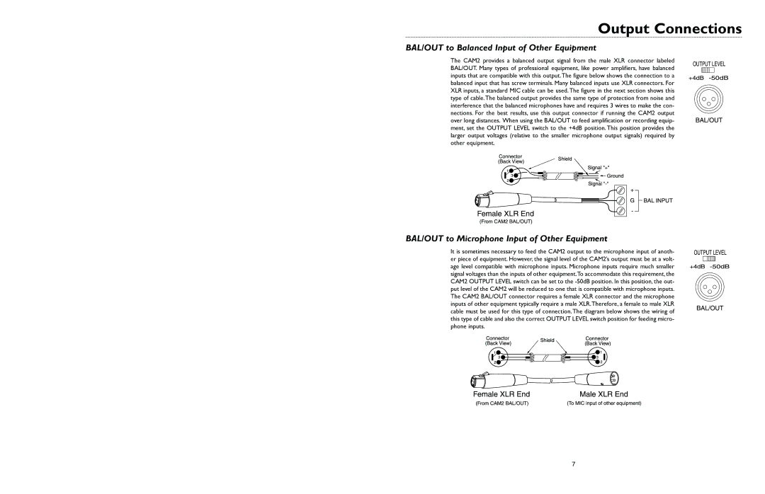 Bogen CAM2 specifications Output Connections, BAL/OUT to Balanced Input of Other Equipment 