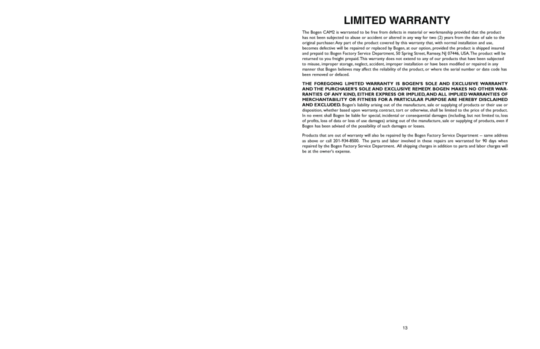 Bogen CAM2 specifications Limited Warranty 