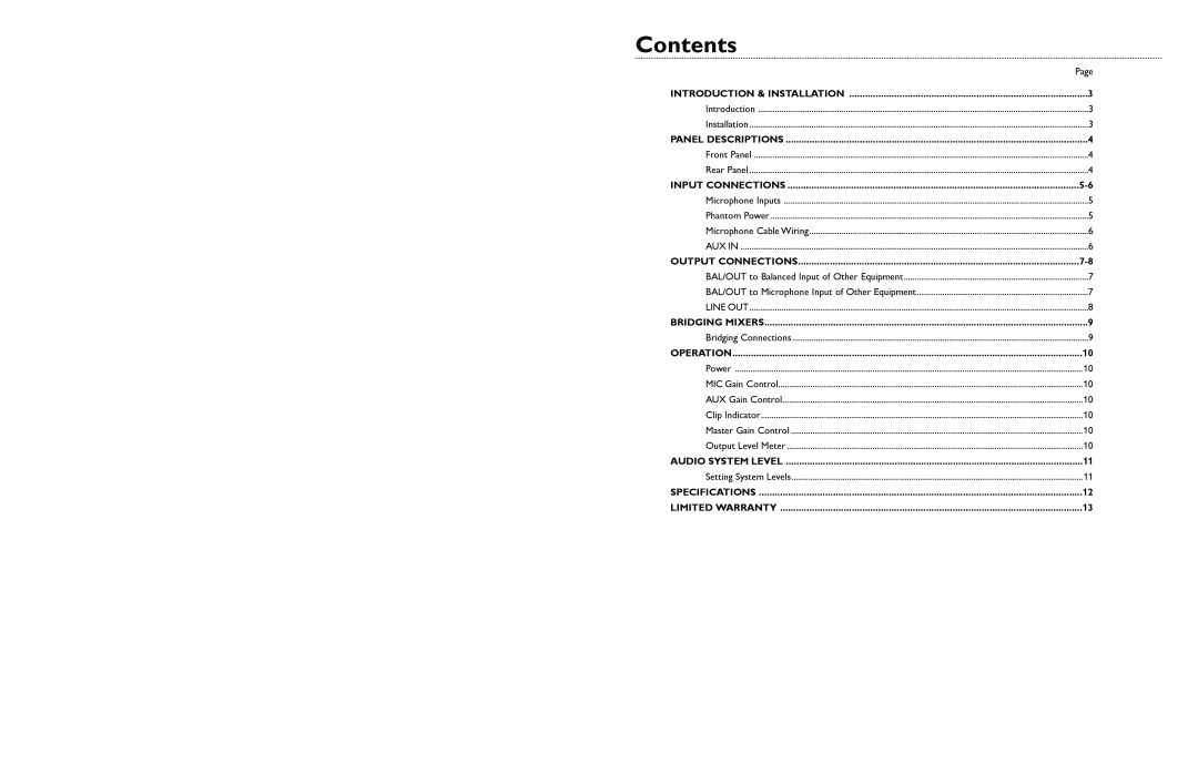 Bogen CAM2 Contents, Introduction & Installation, Panel Descriptions, Input Connections, Output Connections, Operation 