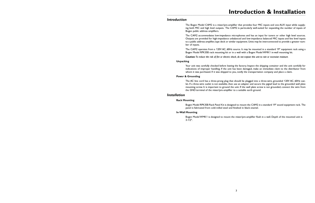Bogen CAM2 specifications Introduction & Installation 