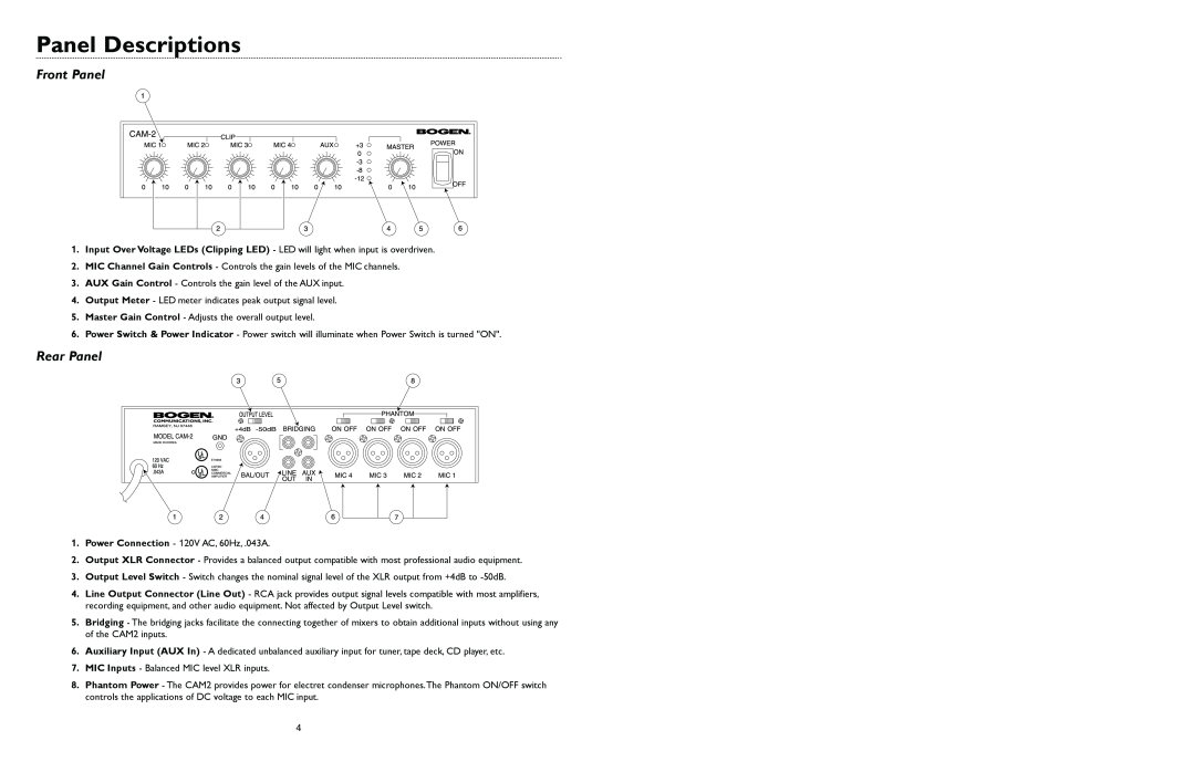 Bogen CAM2 specifications Panel Descriptions, Front Panel, Rear Panel 