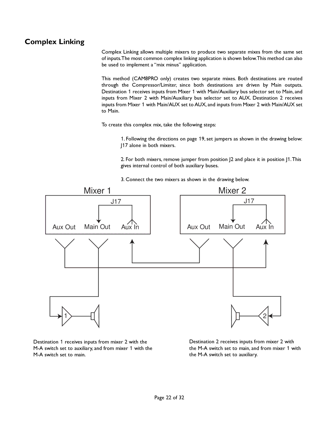 Bogen CAM8PRO manual Complex Linking, J17 Aux Out Main Out Aux Out Main Out Aux 