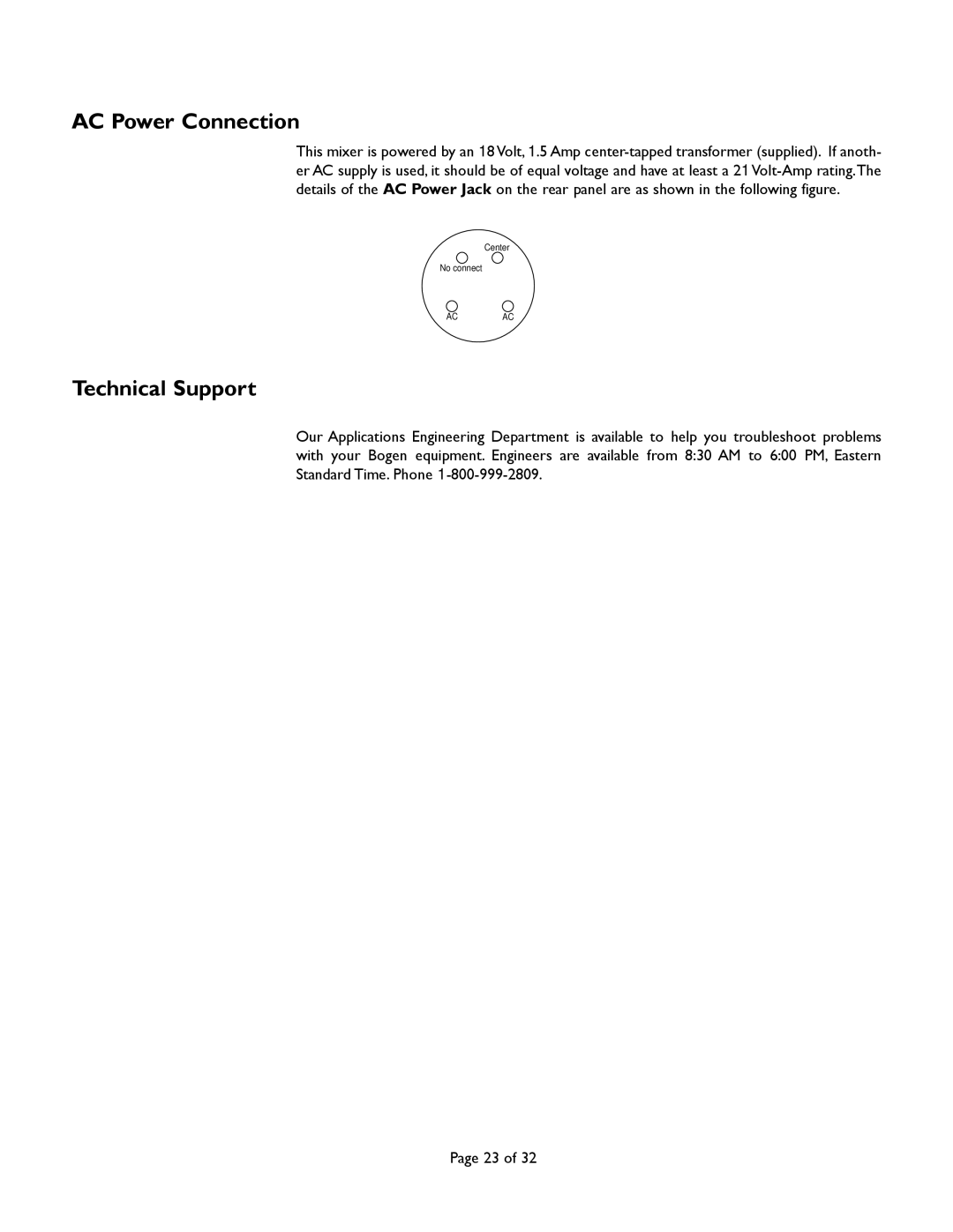 Bogen CAM8PRO manual AC Power Connection, Technical Support 