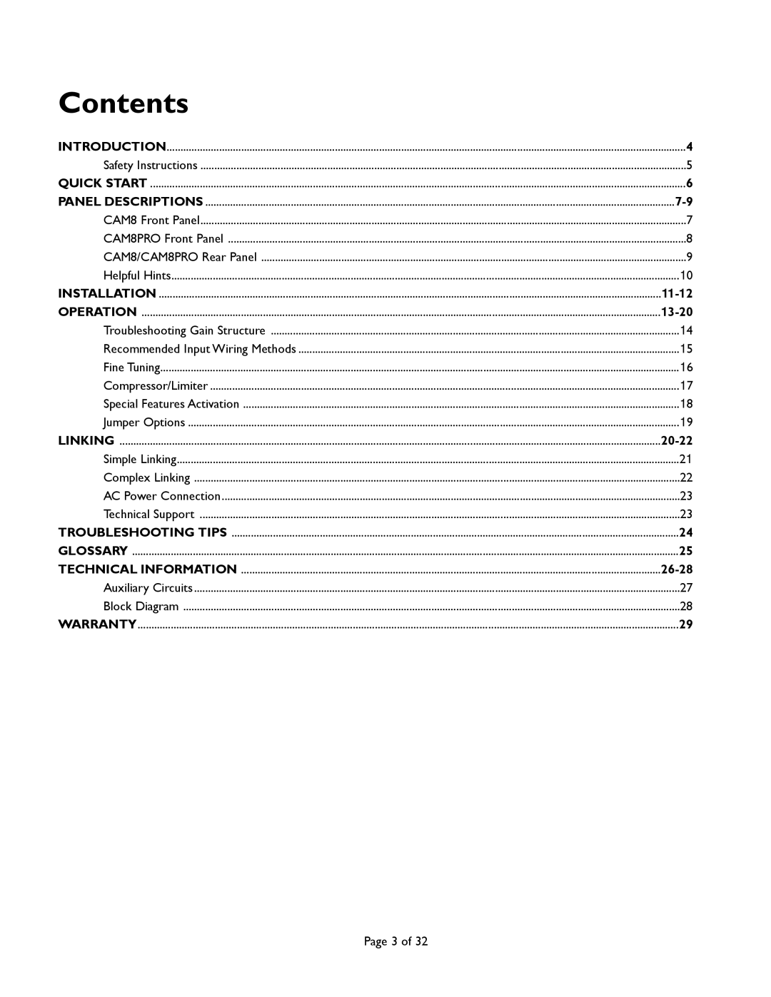 Bogen CAM8PRO manual Contents 